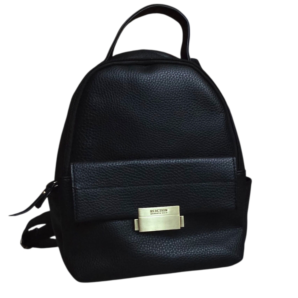 Kenneth Cole Reaction Mini Backpack Black Pebbled Faux Leather Gold Hardware